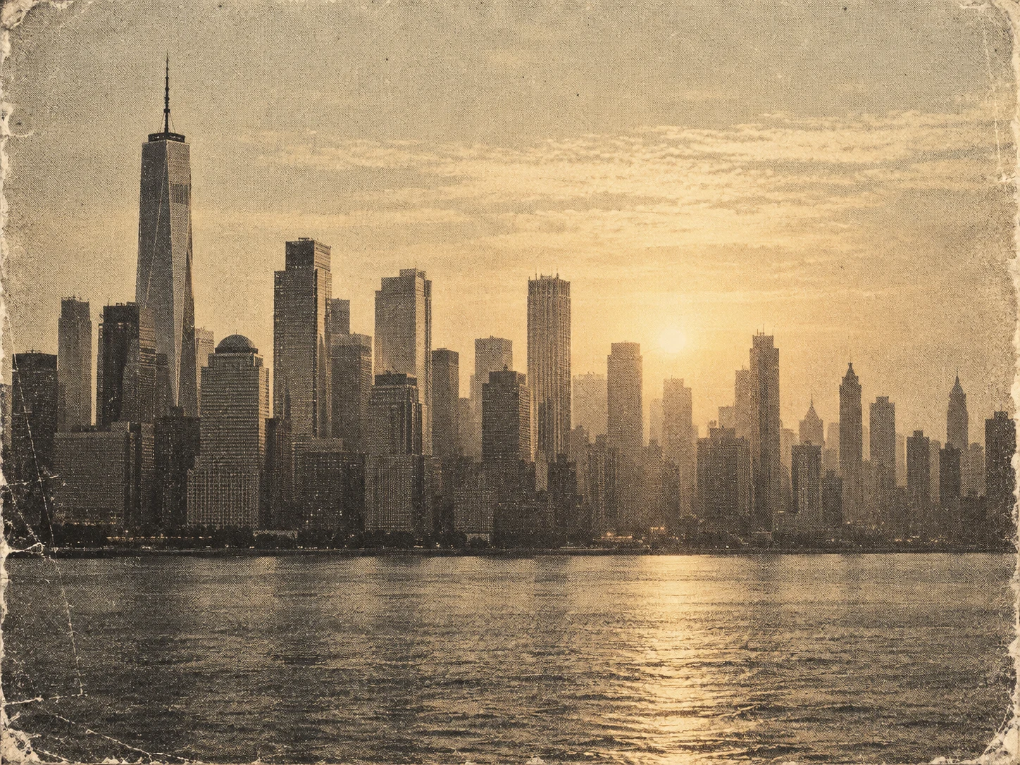 Sepia city skyline of tall towers under a hazy sky
